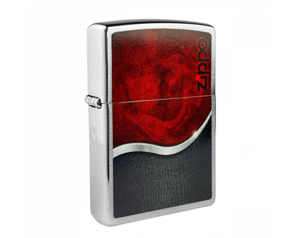 Zippo króm benzines öngyújtó – Piros rózsa, fekete-ezüst színű mintával